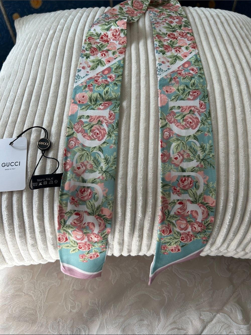 Floral Silk Twilly in Pastel Blue and Pink with White Logo
